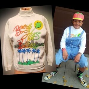 Vtg 80s Cest rad neon graphic Beverly Hills Blues glitter palm tree sweater S/M